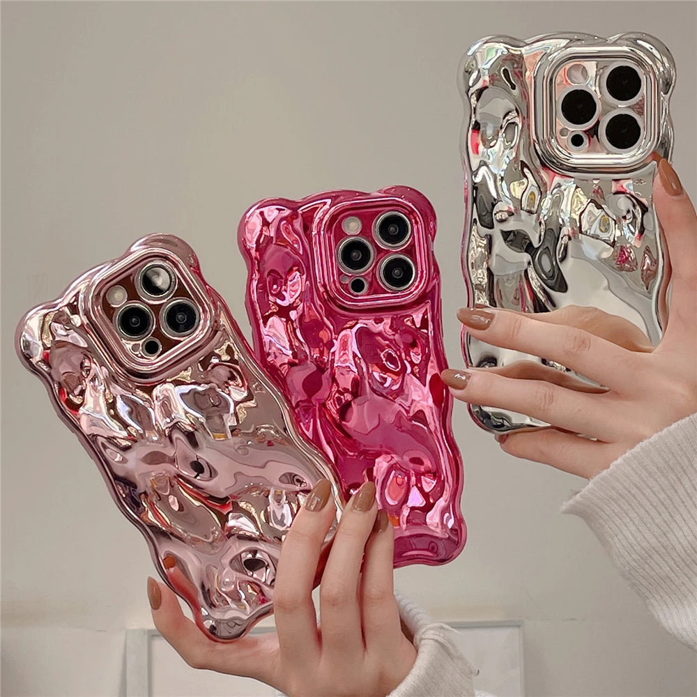 Luxury Plating Wrinkle Wavy Curly Edge Phone Case For iPhone 16 15 11 12 13 14 Pro Max 3D Unevenness Camera Protection Cover